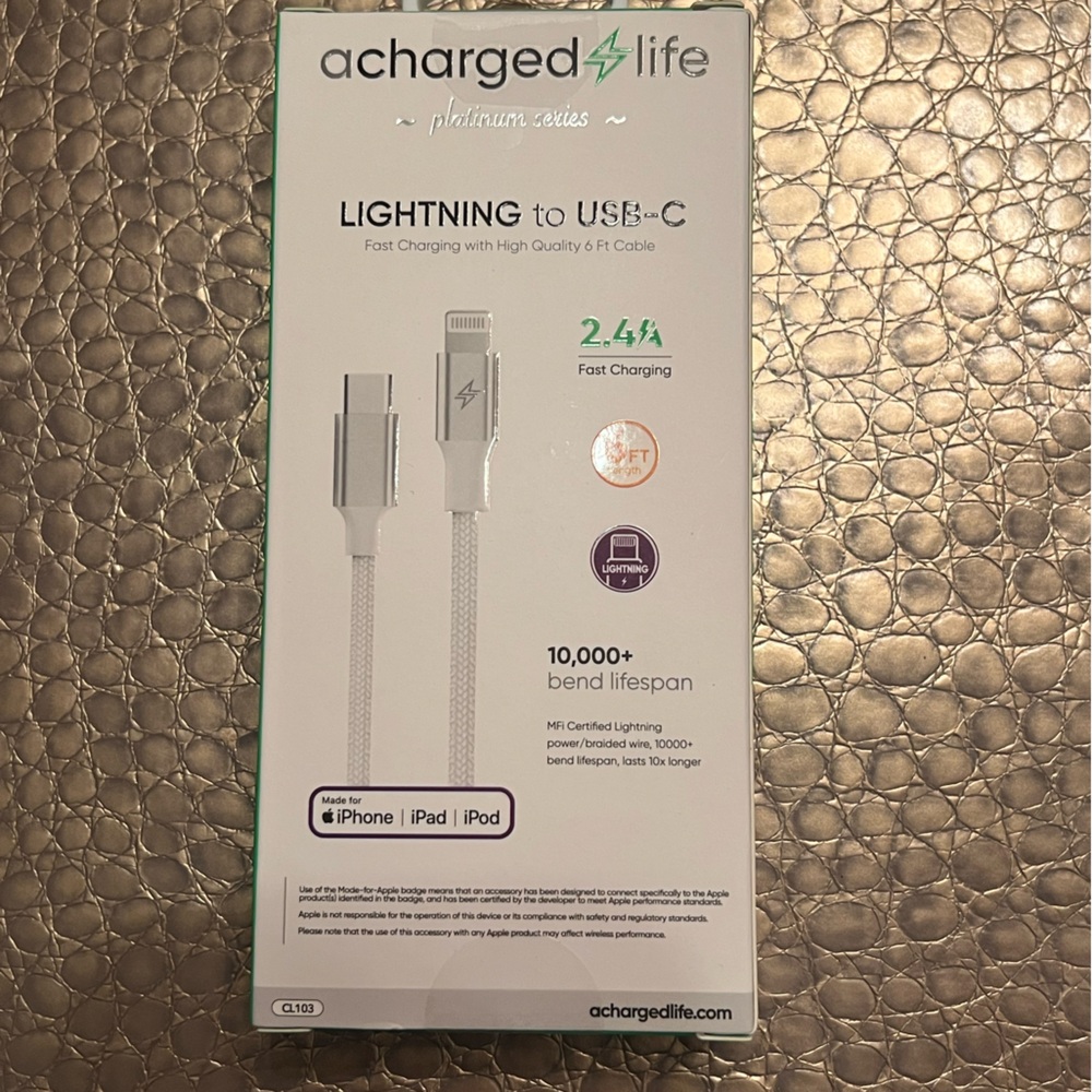 NWT A Charged Life Lightning to USB-C Cable